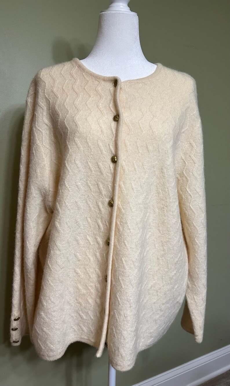Karen Scott Woman Cream Wool Button-Up Cardigan Sweater